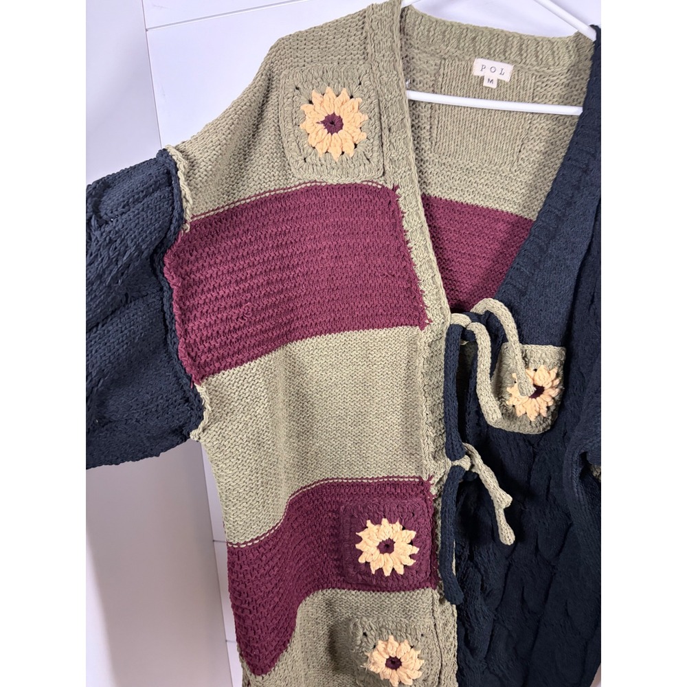 POL Cardigan Sweater Sunflower Crochet Patchwork Sz M Oversized Boho Tie Front - Picture 9 of 12